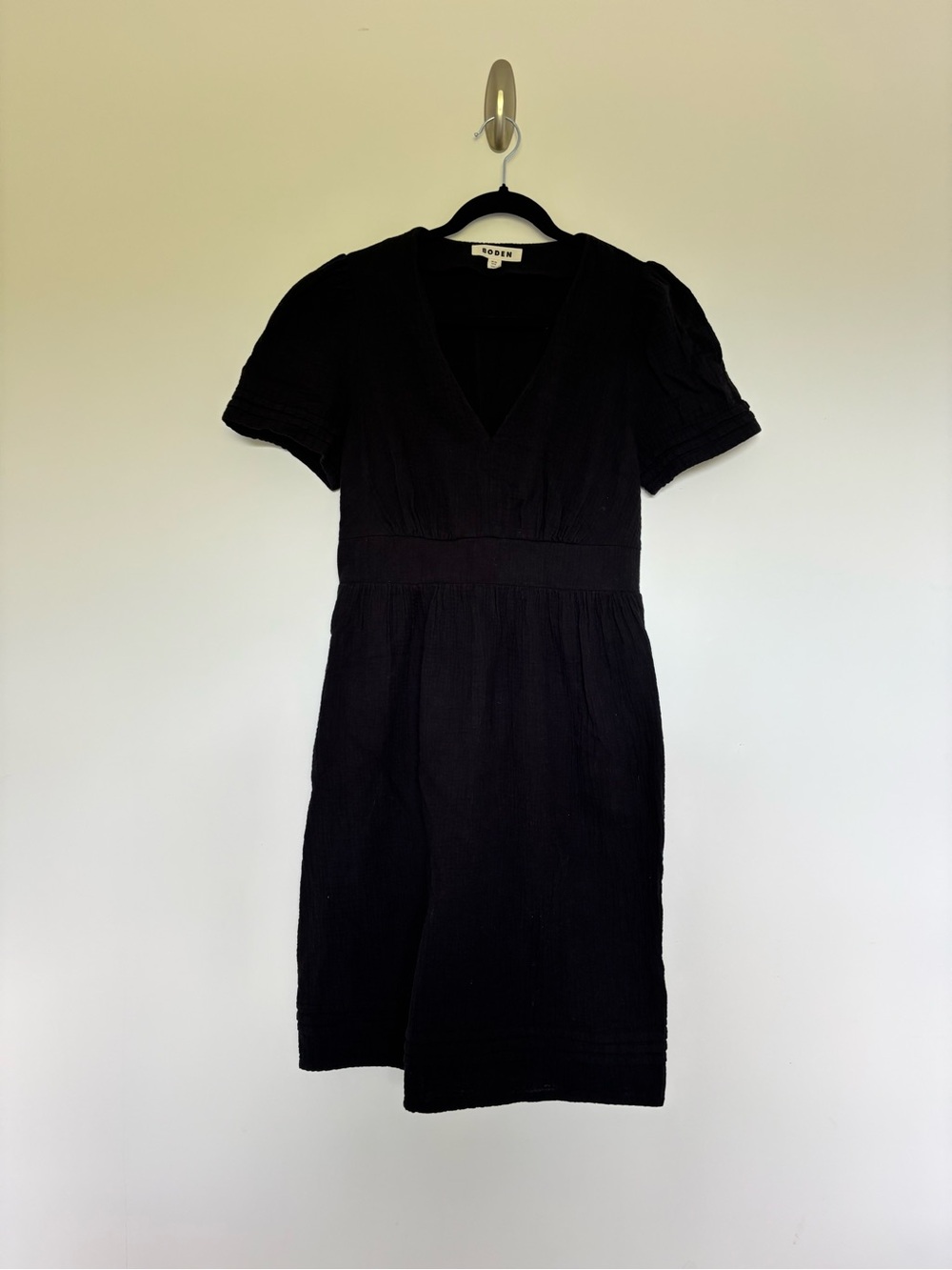 Boden 100% Cotton Black V-Neck Textured Empire Waist Dress | US 8L - Picture 11 of 12